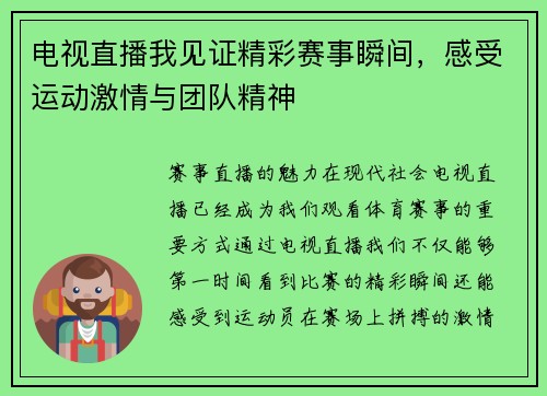 电视直播我见证精彩赛事瞬间，感受运动激情与团队精神