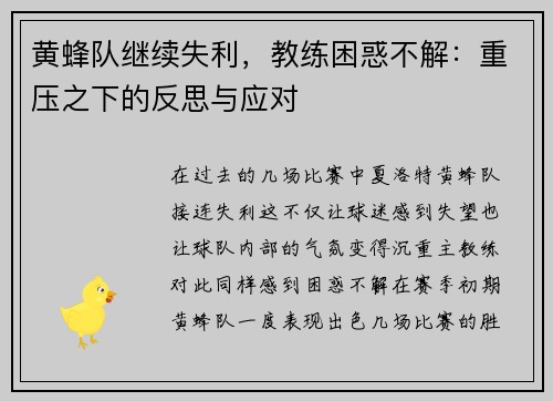黄蜂队继续失利，教练困惑不解：重压之下的反思与应对